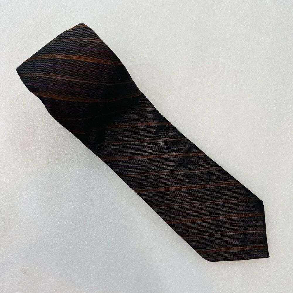Hart Schaffner Marx Silk Tie Brown Orange Striped Made in USA Men's Necktie HSM